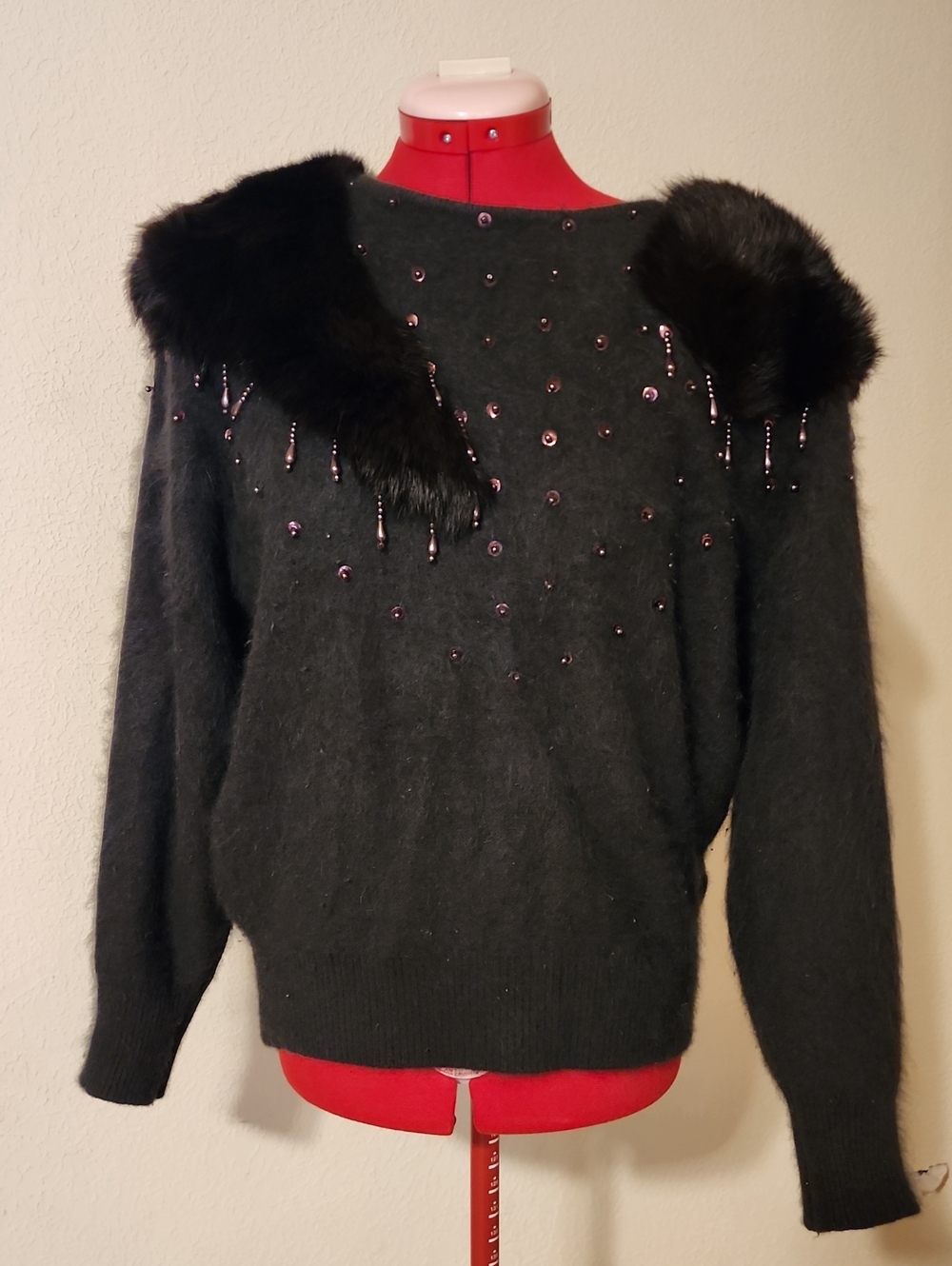 VTG Seraza Roma Charcoal Angora Real Rabbit Fur Beaded Sweater M/L